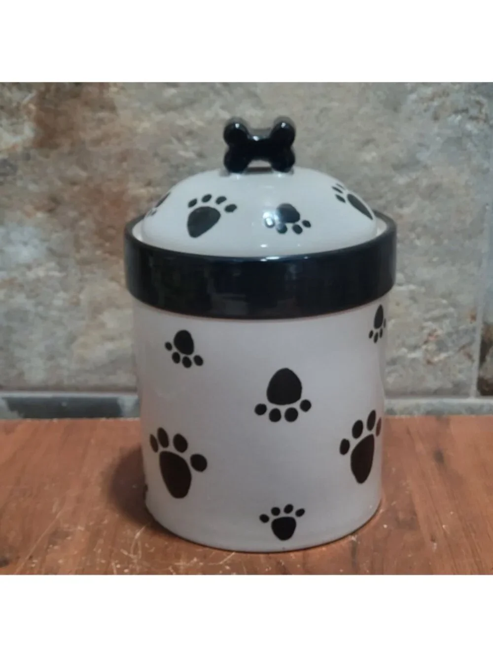 Castlemere Creations Ceramic Pet Treat Jar White Base Black Paw Print Lid Black